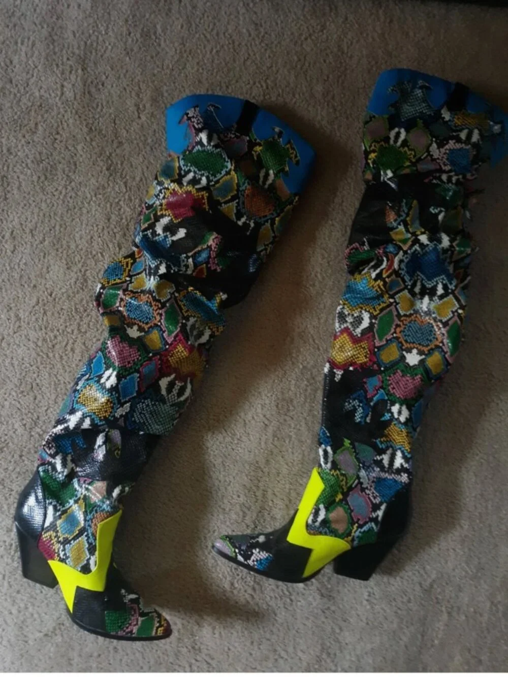 Thigh high multi color faux snake skin boots